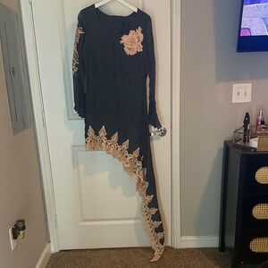 Elegant Black Dress with Beige Lace Accents